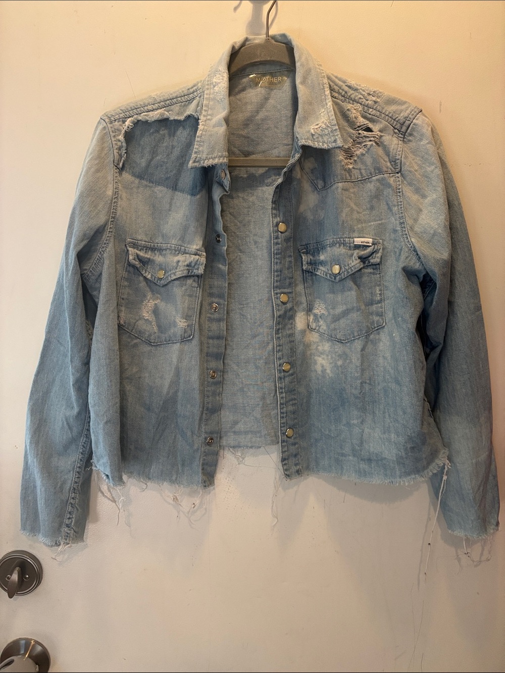 MOTHER Light Blue Distressed Cropped Denim shirt